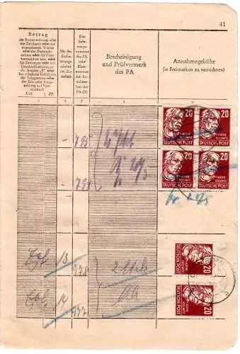DDR 1950, 6 Marken f. Gebühren auf Seite eines Posteinlieferungsbuches v. Loitz.
