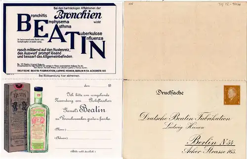 DR, ungebr 3 Pf. Privatganzsachen Faltkarte m. Reklame Beatin Fabrikation Berlin