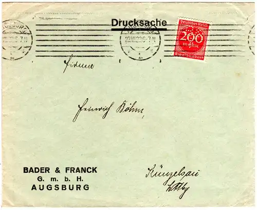 DR 1923, 200 Mk. m. perfin B & F auf Brief v. Augsburg
