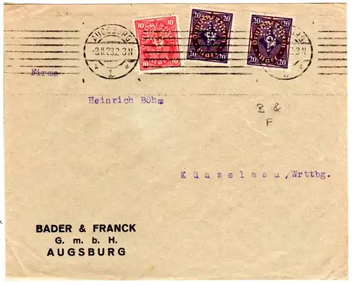 DR 1923, 10+2x20 Mk. m. perfin B & F auf Brief v. Augsburg