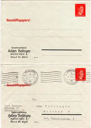 DR, 2 gebr. / ungebr. 8 Pf. Hitler Privatganzsachenumschläge Ballinger München