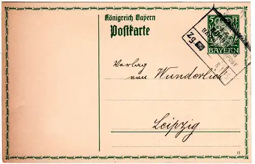 Bayern 1916, Bahnpost-R 4 Eger-Nürnberg klar auf 5 Pf. Ganzsache