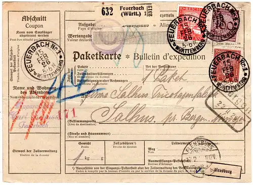 DR 1926, 10+60+100 Pf. auf Paketkarte v. Feuerbach via Flensburg n. Norwegen