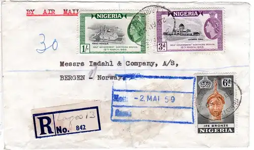 Nigeria 1959, 3+6d+1 Sh. auf Luftpost Einschreiben Brief v. Lagos n. Norwegen