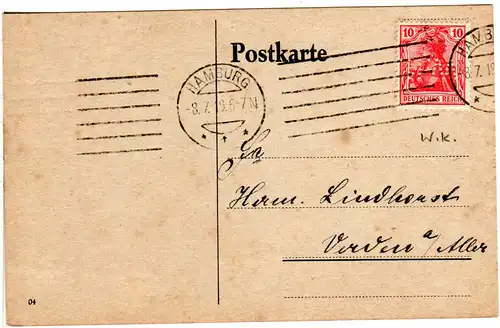 DR 1919, 10 Pf. Germania m. perfin W.K. auf Firmenkarte v. Hamburg