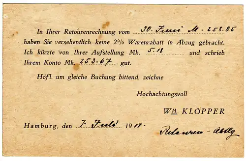 DR 1919, 10 Pf. Germania m. perfin W.K. auf Firmenkarte v. Hamburg