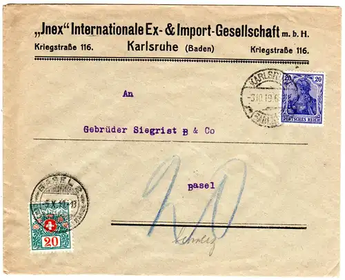 DR 1919, 20 Pf. Germania auf Firmen Bief v. Karlsruhe m. Schweiz 20 C. Porto