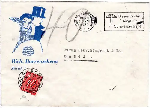Schweiz 1939, unfrankierter Firmen Brief v. Zürich n. Basel m. 40 C. Portomarke