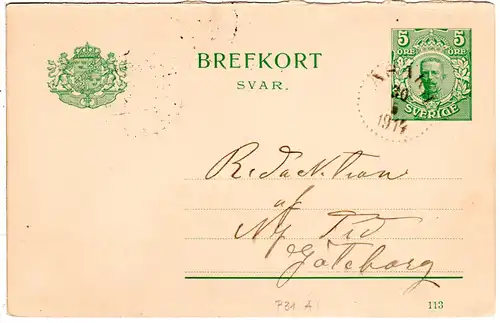 Schweden 1914, 5 öre Antwortteil Ganzsache v. Asarum n. Göteborg