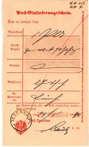 DR 1890, K1 Tegernau klar auf Post Einlieferungsschein f. eine Postanweisung