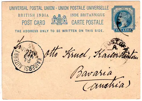 Indien 1905, 1 A. stationery card from Calcutta to Kaiserslautern Pfalz, Bavaria