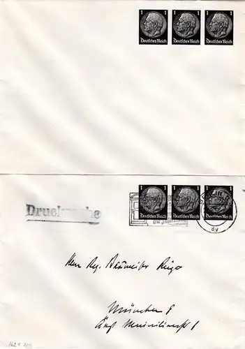 DR, 2 gebr/ungebr. 1+1+1 Pf. Hindenburg Privatganzsachenumschläge