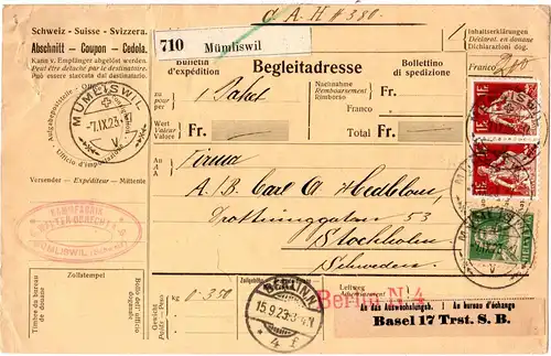 Schweiz 1923, 10 C.+2x1 Fr. auf Paketkarte v. Mümliswil n. Schweden.