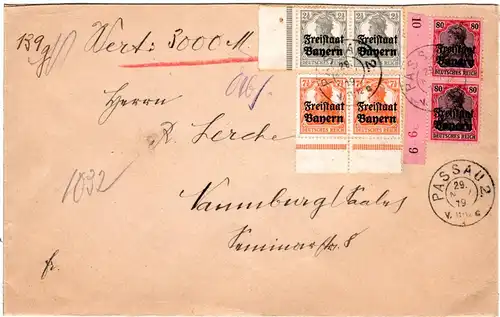 Bayern 1919, Paare 2 1/2+7 1/2+80 Pf. Germania Freistaat auf Wertbrief v. Passau