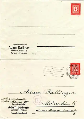 DR, 2 gebr. / ungebr. 8 Pf. Ziffer Privatganzsachenumschläge Ballinger München