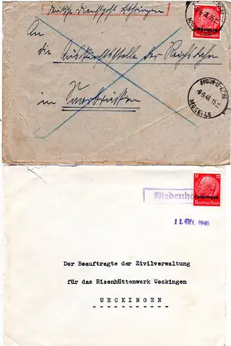 Lothringen 1940, 2 Briefe m. 12 Pf., 1mal Frankreich- u. 1mal Rahmenstempel