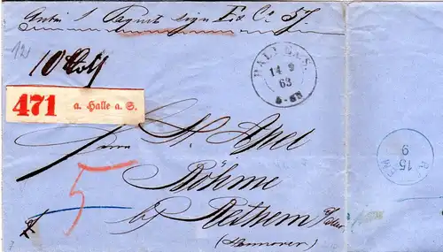Preussen 1863, K2 HALLE A.S. auf Paket Begleitbrief n. Rethem, Hannover.