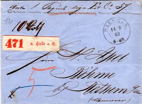 Preussen 1863, K2 HALLE A.S. auf Paket Begleitbrief n. Rethem, Hannover.