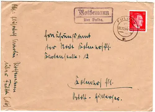 DR 1944, ROTHEMANN über Fulda, Landpost Stpl. auf Brief m. 12 Pf.