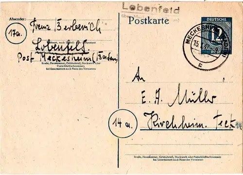 1947, Landpost Stpl. LOBENFELD über Meckesheim auf 12 Pf. Ganzsache