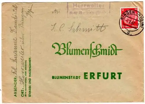 DR 1937, Landpost Stpl. HORRWEILER über Bingen auf Brief m. 12 Pf.