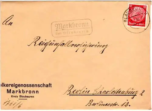 DR 1936, Landpost Stpl. MARKBRONN über Blaubeuren auf Brief m. 12 Pf.