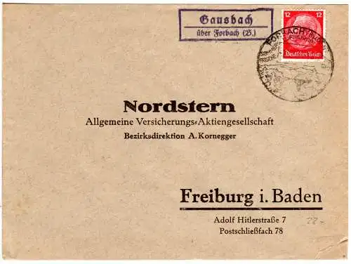 DR 1935, Landpost Stpl. GAUSBACH über Forbach auf Brief m. 12 Pf.