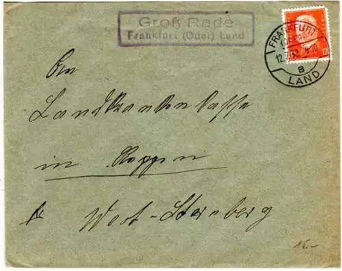DR 1932, Landpost Stpl. GROSS RADE über Frankfurt(Oder) auf Brief m. 12 Pf.