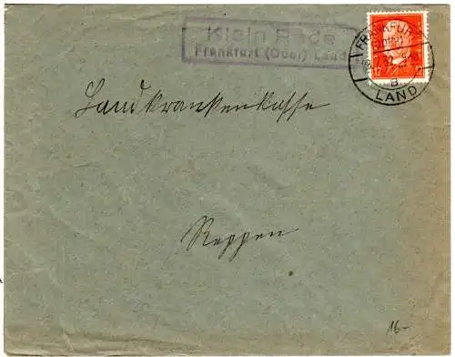 DR 1932, Landpost Stpl. KLEIN RADE über Frankfurt(Oder) auf Brief m. 12 Pf.