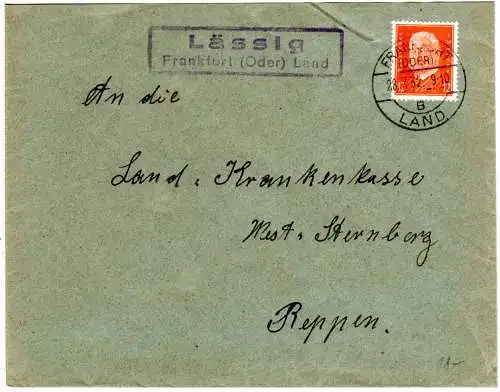 DR 1932, Landpost Stpl. LÄSSIG über Frankfurt (Oder) auf Brief m. 12 Pf.
