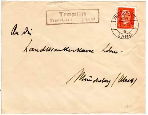 DR 1932, Landpost Stpl. TREPLIN über Frankfurt (Oder) auf Brief m. 12 Pf.