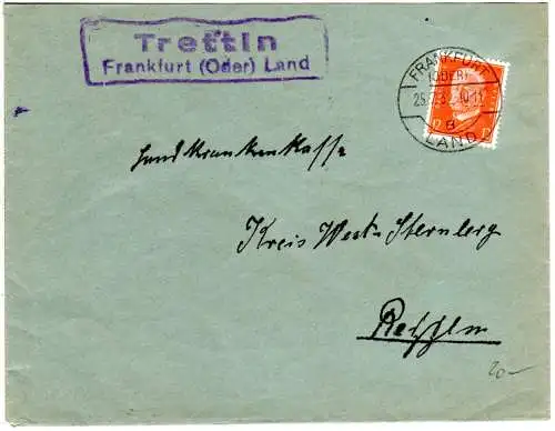 DR 1932, Landpost Stpl. TRETTIN über Frankfurt (Oder) auf Brief m. 12 Pf.