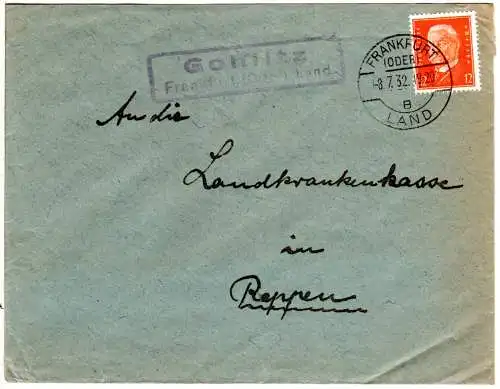 DR 1932, Landpost Stpl. GOHLITZ über Frankfurt (Oder) auf Brief m. 12 Pf.