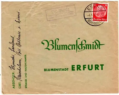 DR 1936, Landpost Stpl. OSTBENSE über Esens auf Brief m. 12 Pf