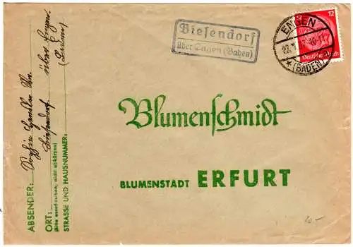 DR 1937, Landpost Stpl. BIESENDORF über Engen auf Brief m. 12 Pf