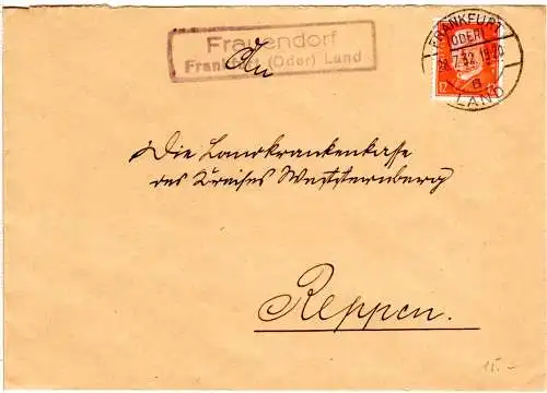 DR 1932, Landpost Stpl. FRAUENDORF über Frankfurt (Oder) auf Brief m. 12 Pf