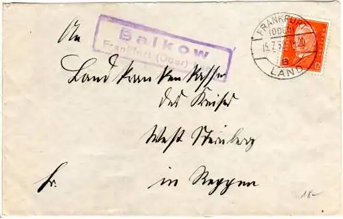 DR 1932, Landpost Stpl. BALKOW über Frankfurt (Oder) auf Brief m. 12 Pf