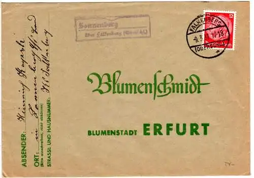 DR 1937, Landpost Stpl. SONNENBERG über Falkenberg auf Brief m. 12 Pf.