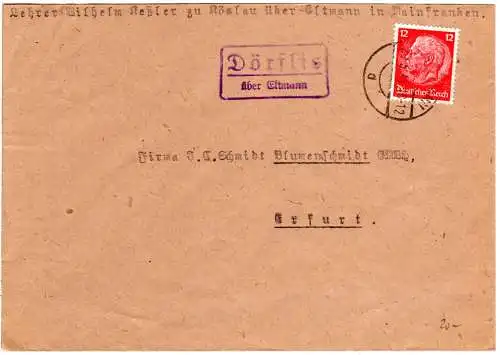 DR 1941, Landpost Stpl. DÖRFLIS über Eltmann auf Brief m. 12 Pf.