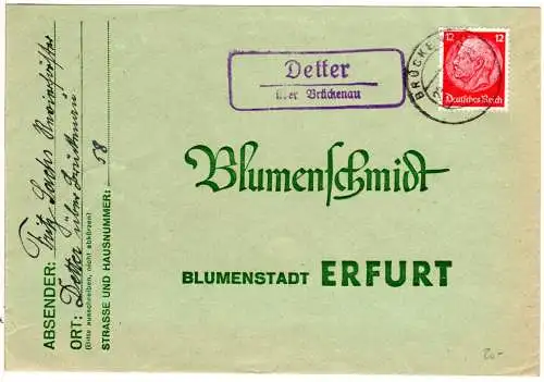 DR 1939, Landpost Stpl. DETTER über Brückenau auf Brief m. 12 Pf.