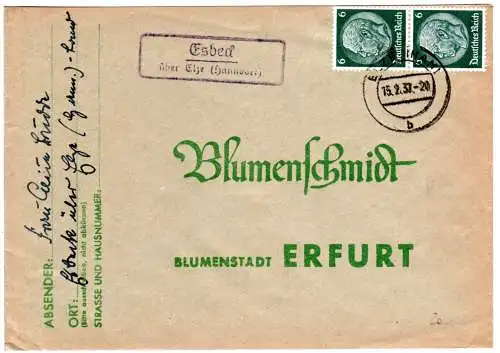 DR 1937, Landpost Stpl. ESBECK über Elze auf Brief m. 2x6 Pf.