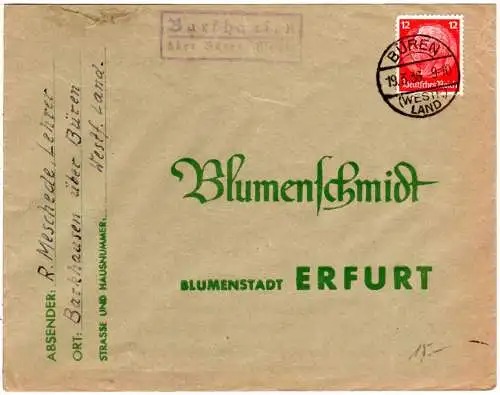 DR 1936, Landpost Stpl. BARKHAUSEN über Büren auf Brief m. 12 Pf.