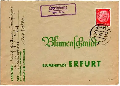 DR 1937, Landpost Stpl. OVELGÖNNE über Celle auf Brief m. 12 Pf.