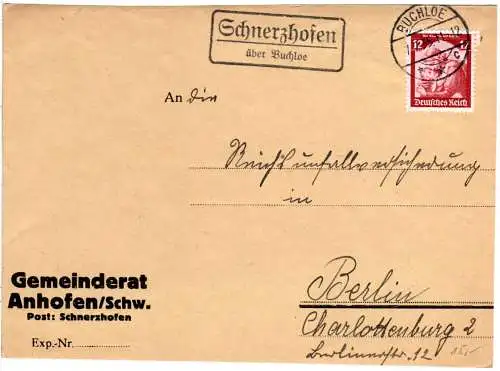 DR 1935, Landpost Stpl. SCHNERZHOFEN über Buchloe auf Briefteil m. 12 Pf.