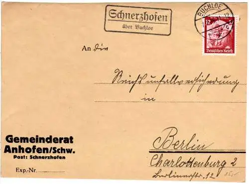 DR 1937, Landpost Stpl. DETTINGEN über EHINGEN auf Brief m. 12 Pf.