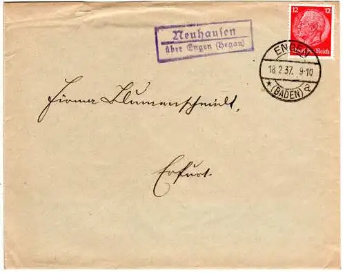 DR 1937, Landpost Stpl. NEUHAUSEN über ENGEN auf Brief m. 12 Pf.
