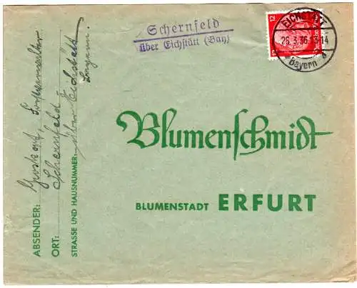 DR 1936, Landpost Stpl. SCHERNFELD über Eichstätt auf Brief m. 12 Pf.
