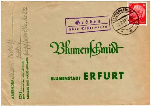 DR 1937, Landpost Stpl. GRÖDEN über Elsterwerda auf Brief m. 12 Pf.