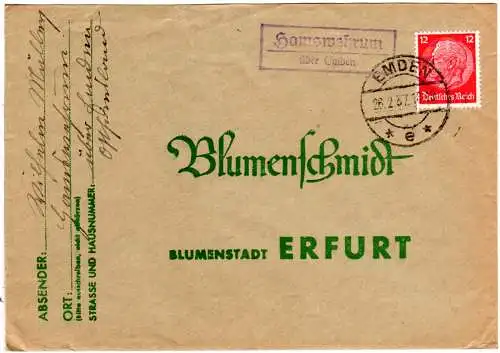 DR 1937, Landpost Stpl. HAMSWEHRUM über Emden auf Brief m. 12 Pf.