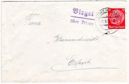 DR 1936, Landpost Stpl. BIRGEL über Düren klar auf Brief m. 12 Pf.